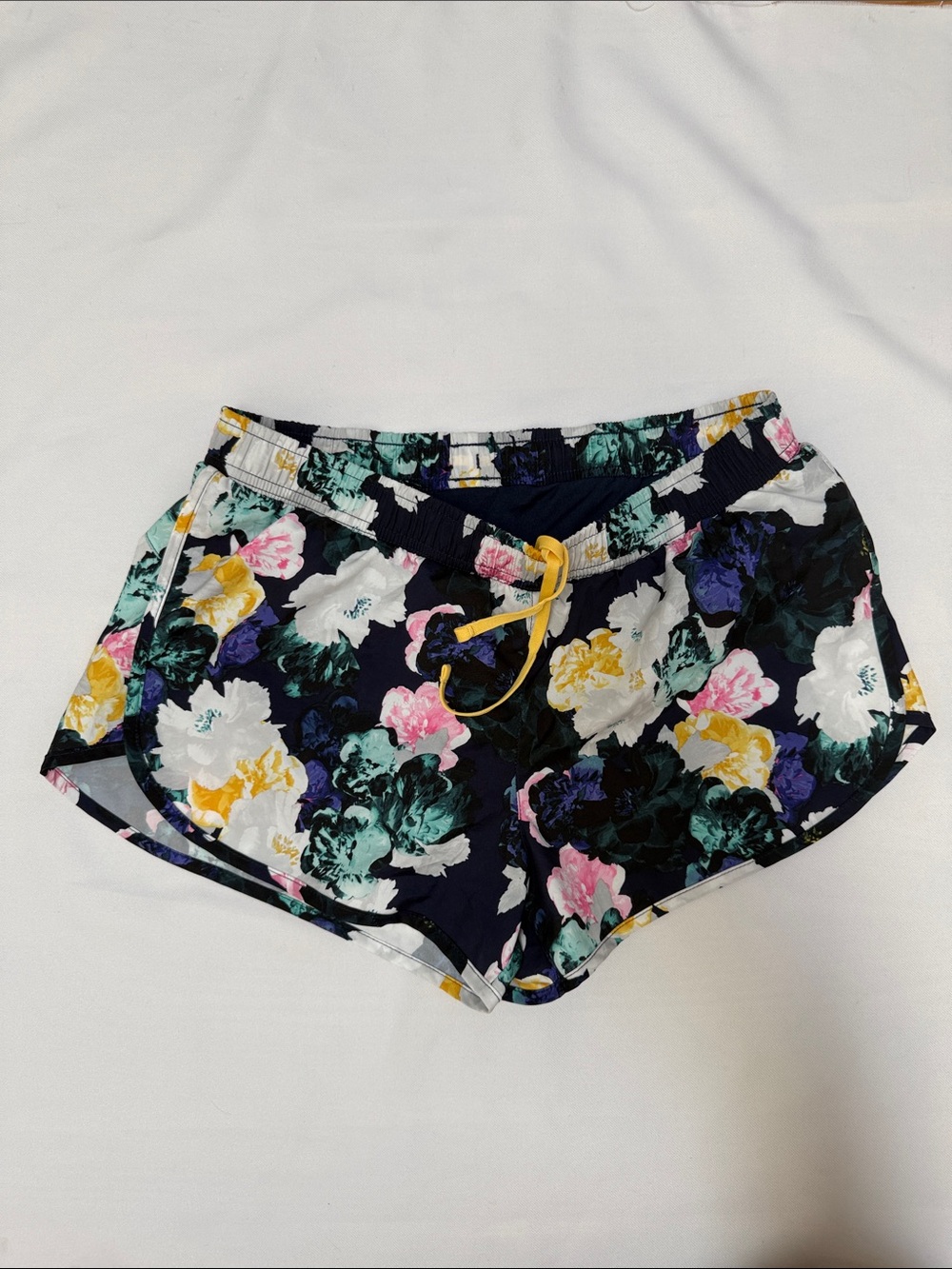 Old Navy Navy Floral Athletic Shorts with Yellow Drawstring